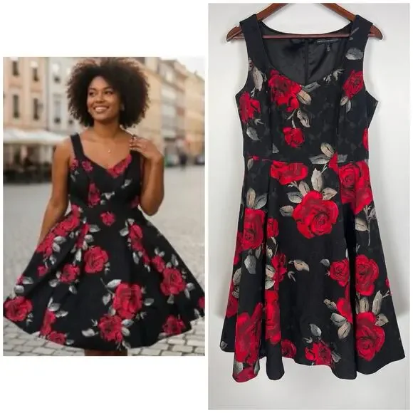 White House Black Market Black Red Rose Fit & Flare Floral Coktail Dress 10 - Picture 1 of 11
